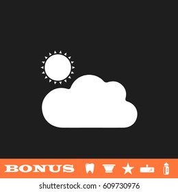Sunny icon flat. White pictogram on black background. Vector illustration symbol and bonus button tooth, vase, star, mirror, bottle