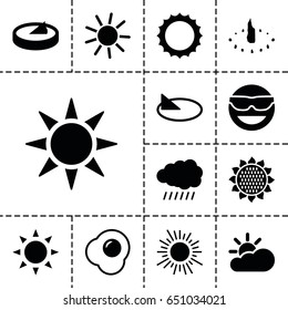 Sunny icon. set of 13 filled sunnyicons such as sun, sunflower, emot in sun glasses, egg, sun cloud