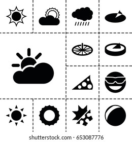 Sunny icon. set of 13 filled sunnyicons such as sun, emot in sun glasses, cold and hote mode, sun cloud, sundial