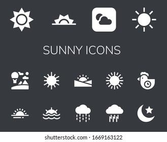 Sunny Icon Set. 14 Filled Sunny Icons. Included Sun, Sunrise, Weather, Sky, Sunset, Rain, Storm, Night, Morning Icons