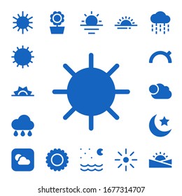 sunny icon set. 17 filled sunny icons.  Simple modern icons such as: Sun, Sunrise, Rain, Evening, Cloudy, Night, Weather, Sunflower, Brightness, Sunset