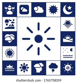 sunny icon set. 17 filled sunny icons.  Simple modern icons such as: Rain, Sky, Storm, Brightness, Sun, Sunset, Night, Weather, Cloudy
