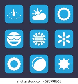 sunny icon. Set of 9 filled sunny icons such as sunflower, sun, emot in sun glasses, sun cloud, sundial