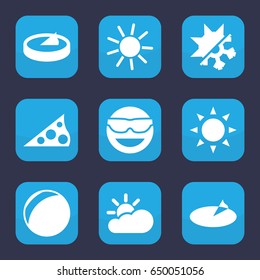 Sunny icon. set of 9 filled sunny icons such as sun, emot in sun glasses, cold and hote mode, sun cloud, sundial