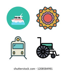 sunny icon set. vector set about train, yacht, wheelchair and sun icons set.