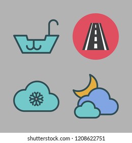 sunny icon set. vector set about snowing, cloudy, boat and road icons set.