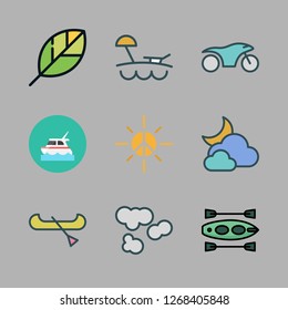 sunny icon set. vector set about sun, canoe, motorcycle and gardening icons set.