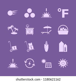 sunny icon. sunny vector icons set chaise lounge umbrella, wheat harvest growth, corn and renewable energy