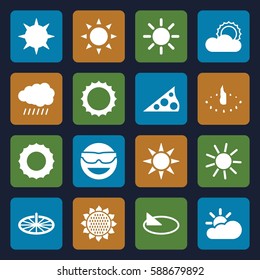 sunny icons set. Set of 16 sunny filled icons such as sun, sunflower, emot in sun glasses, sun cloud