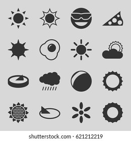 Sunny icons set. set of 16 sunny filled icons such as sun, sunflower, emot in sun glasses, egg, sundial