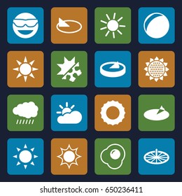 Sunny icons set. set of 16 sunny filled icons such as sun, sunflower, emot in sun glasses, egg, cold and hote mode, sun cloud, sundial