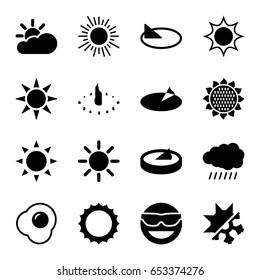 Sunny icons set. set of 16 sunny filled icons such as sun, sunflower, emot in sun glasses, egg, cold and hote mode, sun cloud