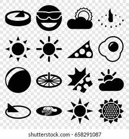 Sunny icons set. set of 16 sunny filled icons such as sun, sunflower, emot in sun glasses, fried egg and bacon, egg, cold and hote mode, sun cloud, sundial
