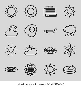 Sunny icons set. set of 16 sunny outline icons such as sun, sunflower, fried egg and bacon, egg, sun cloud