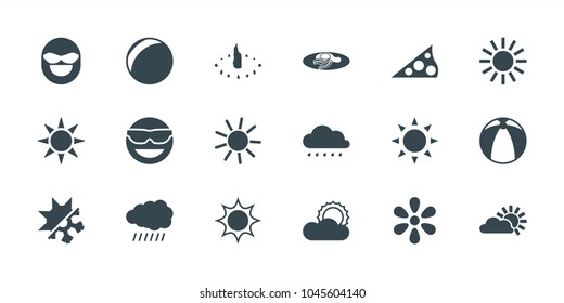 Sunny icons. set of 18 editable filled sunny icons: sun, emot in sun glasses, plastic ball, fried egg and bacon, cold and hote mode