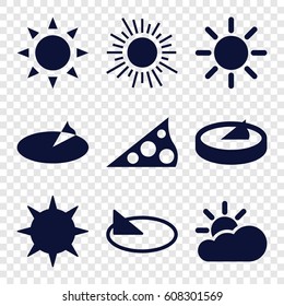 Sunny icons set. set of 9 sunny filled icons such as sun, sun cloud