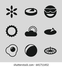 Sunny icons set. set of 9 sunny filled icons such as sun, emot in sun glasses, egg, sundial
