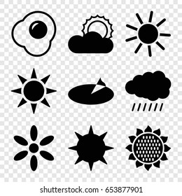 Sunny icons set. set of 9 sunny filled icons such as sun, sunflower, egg