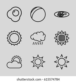 Sunny icons set. set of 9 sunny outline icons such as sun, sunflower, fried egg and bacon, egg