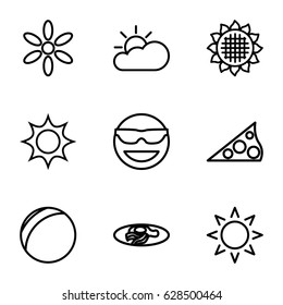 Sunny icons set. set of 9 sunny outline icons such as sun, sunflower, fried egg and bacon, sun cloud, sundial, emot in sun glasses