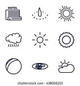 Sunny icons set. set of 9 sunny outline icons such as sun, fried egg and bacon, sun cloud, sundial