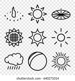 Sunny icons set. set of 9 sunny outline icons such as sun, sunflower, sundial