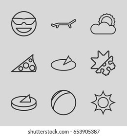 Sunny icons set. set of 9 sunny outline icons such as sun, cold and hote mode, sundial, emot in sun glasses