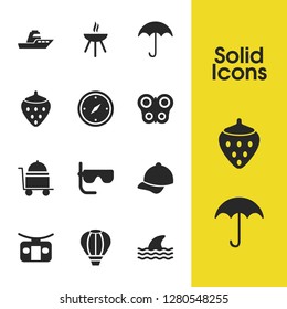 Sunny icons set with baseball hat, grill and ship elements. Set of sunny icons and tray concept. Editable vector elements for logo app UI design.