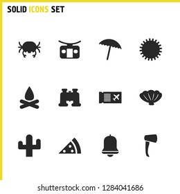 Sunny icons set with booth for descent, sun and crab elements. Set of sunny icons and lobster concept. Editable vector elements for logo app UI design.