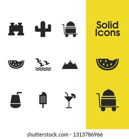 Sunny icons set with cocktail, binoculars and drink elements. Set of sunny icons and cocktail concept. Editable vector elements for logo app UI design.
