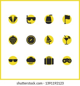 Sunny icons set with diving glasses, flippers and cocktail elements. Set of sunny icons and navigation concept. Editable vector elements for logo app UI design.