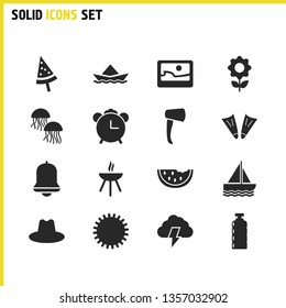 Sunny icons set with hat, flower and grill elements. Set of sunny icons and hatchet concept. Editable vector elements for logo app UI design.