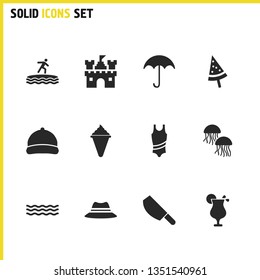 Sunny icons set with parasol, costume and surfer elements. Set of sunny icons and fortress concept. Editable vector elements for logo app UI design.
