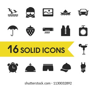 Sunny icons set with sea birds, woman with glasses and food elements. Set of sunny icons and photograph concept. Editable vector elements for logo app UI design.