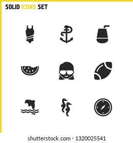 Sunny icons set with sea horse, ball for football and anchor elements. Set of sunny icons and hippocampus concept. Editable vector elements for logo app UI design.