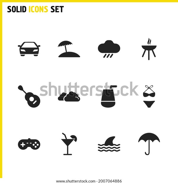 Sunny icons set with shark, cocktail and\
gamepad elements. Set of sunny icons and sunshade concept. Editable\
vector elements for logo app UI\
design.