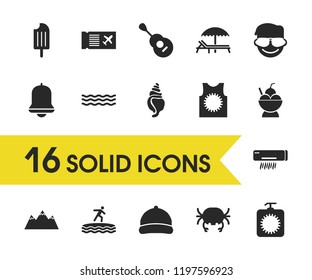 Sunny icons set with umbrella with lounger, air conditioning and tanning elements. Set of sunny icons and hipster concept. Editable vector elements for logo app UI design.