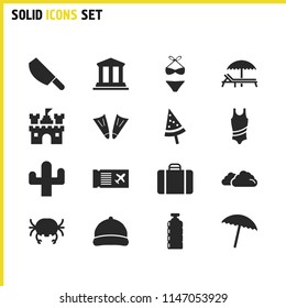 Sunny icons set with watermelon ice cream, castle and umbrella elements. Set of sunny icons and fortress concept. Editable vector elements for logo app UI design.