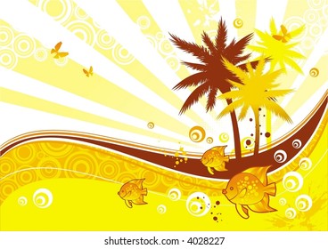 Sunny illustration with tropical flora & fauna