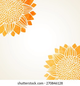 Sunny illustration with watercolor sunflowers on white background. Vector elements for design