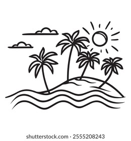 a sunny island with palm trees Line art of surrounded by water.