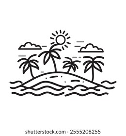 a sunny island with palm trees Line art of surrounded by water.