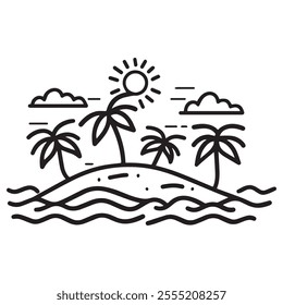 a sunny island with palm trees Line art of surrounded by water.
