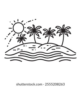 a sunny island with palm trees Line art of surrounded by water.