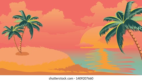 Sunny island with palm trees at sunrise time design.