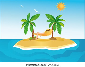 Sunny island with palms and hammock