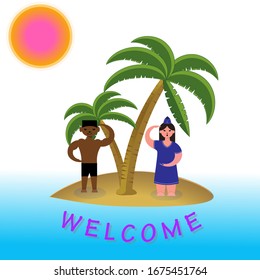 Sunny island with tropical climate invites you to rest. Exotic island with man and woman  meet you. Simple vector illustration. Flat Design. 