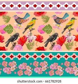 Sunny Japanese garden. Seamless oriental pattern with Victorian motifs. Blooming summer poppies, pine branches and birds. Vintage textile collection. Colorful on pink. 