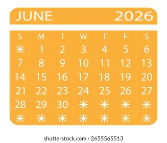 Sunny June 2026 Calendar. Vibrant June 2026 Monthly Planner. Minimal Layout in Summer Tones.