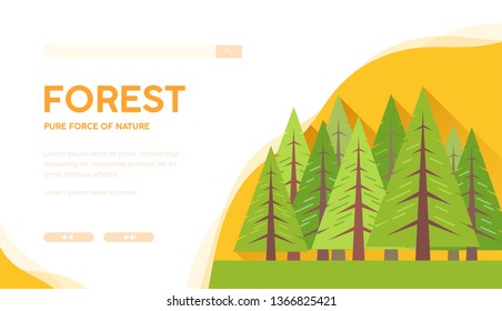 Sunny landscape with evergreen trees: thuja, cedar, fir, spruce, pine. Save the planet Earth concept. Vector flat design for ecology, botanic, urban greening projects. Place for text, copy space.